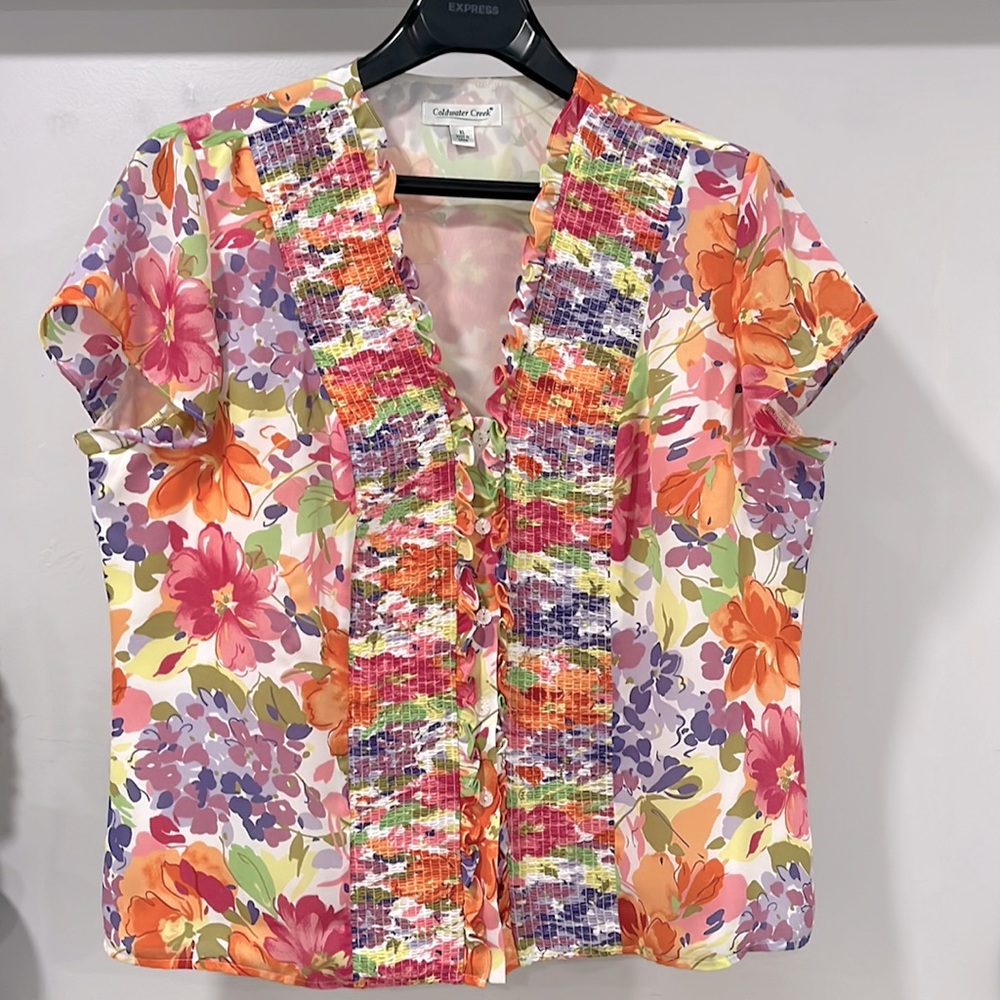 Coldwater Creek Ruffle Floral Short Sleeve V- Neck Button Down Blouse, Size XL